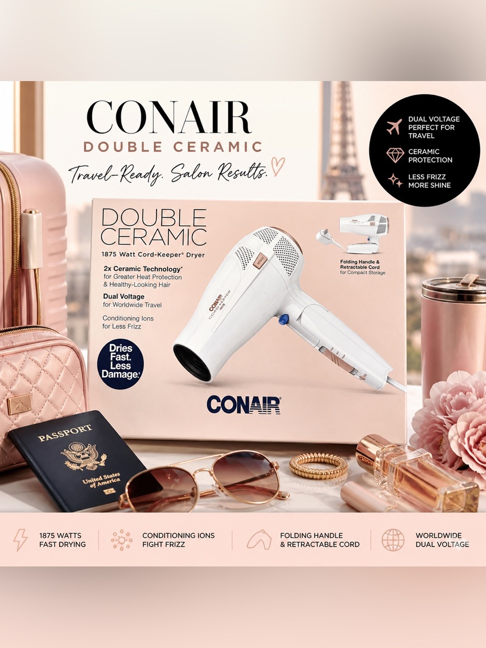 Conair Double Ceramic 1875W Hair Dryer Cord-Keeper Folding Travel Blow Dryer NEW